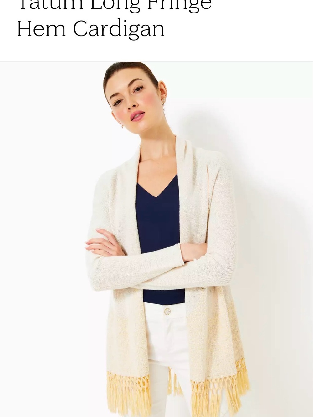 Lilly Pulitzer Cream Open-Front Fringe Hem Tatum Cardigan beige/gold flecks